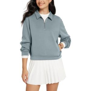 image:imageODODOS Modal Soft HalfZip Collared Sweatshirts for Women Long Sleeve Relaxed Pullover Top with PocketsGrey Blue