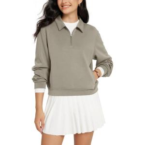 image:imageODODOS Modal Soft HalfZip Collared Sweatshirts for Women Long Sleeve Relaxed Pullover Top with PocketsKhaki