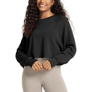 image:imageODODOS Modal Soft Long Sleeve Cropped Sweatshirts with Thumb Hole for Women Crew Neck Pullover Crop TopBlack