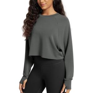 image:imageODODOS Modal Soft Long Sleeve Cropped Sweatshirts with Thumb Hole for Women Crew Neck Pullover Crop TopCharcoal
