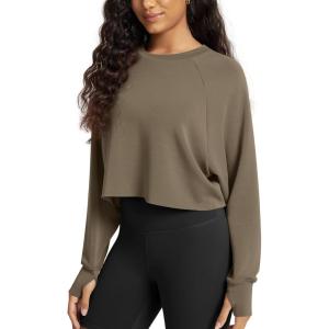 image:imageODODOS Modal Soft Long Sleeve Cropped Sweatshirts with Thumb Hole for Women Crew Neck Pullover Crop TopEspresso