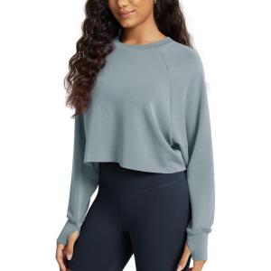 image:imageODODOS Modal Soft Long Sleeve Cropped Sweatshirts with Thumb Hole for Women Crew Neck Pullover Crop TopGrey Blue