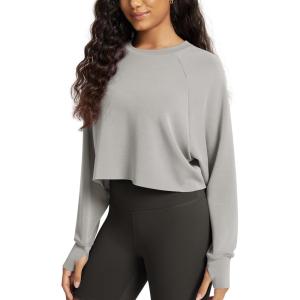 image:imageODODOS Modal Soft Long Sleeve Cropped Sweatshirts with Thumb Hole for Women Crew Neck Pullover Crop TopLight Gray