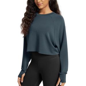 image:imageODODOS Modal Soft Long Sleeve Cropped Sweatshirts with Thumb Hole for Women Crew Neck Pullover Crop TopNavy