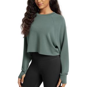 image:imageODODOS Modal Soft Long Sleeve Cropped Sweatshirts with Thumb Hole for Women Crew Neck Pullover Crop TopSlate Green