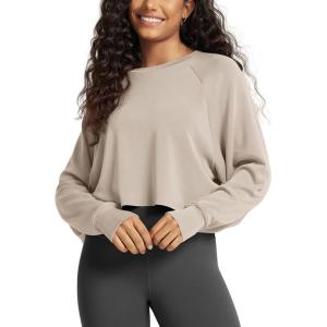 image:imageODODOS Modal Soft Long Sleeve Cropped Sweatshirts with Thumb Hole for Women Crew Neck Pullover Crop TopSmokey Taupe