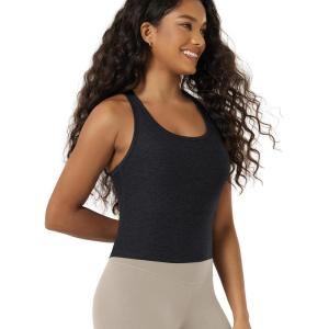 image:imageODODOS Performance Racerback Crop Tank with Builtin Bra for Women Ultra Soft odSTRATUM Tech Light Support Workout Yoga BraBlack Heather