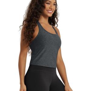 image:imageODODOS Performance Racerback Crop Tank with Builtin Bra for Women Ultra Soft odSTRATUM Tech Light Support Workout Yoga BraCharcoal Heather