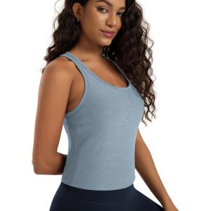 image:imageODODOS Performance Racerback Crop Tank with Builtin Bra for Women Ultra Soft odSTRATUM Tech Light Support Workout Yoga BraDusty Blue Heather