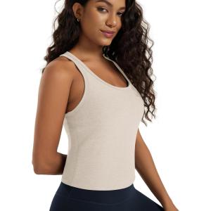 image:imageODODOS Performance Racerback Crop Tank with Builtin Bra for Women Ultra Soft odSTRATUM Tech Light Support Workout Yoga BraEcru Heather