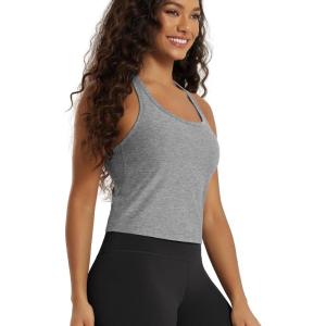 image:imageODODOS Performance Racerback Crop Tank with Builtin Bra for Women Ultra Soft odSTRATUM Tech Light Support Workout Yoga BraGrey Heather