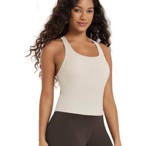 image:imageODODOS Performance Racerback Crop Tank with Builtin Bra for Women Ultra Soft odSTRATUM Tech Light Support Workout Yoga BraMilkweed Heather