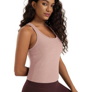 image:imageODODOS Performance Racerback Crop Tank with Builtin Bra for Women Ultra Soft odSTRATUM Tech Light Support Workout Yoga BraRose Pink Heather