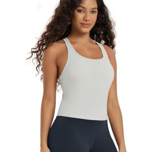 image:imageODODOS Performance Racerback Crop Tank with Builtin Bra for Women Ultra Soft odSTRATUM Tech Light Support Workout Yoga BraSalt Heather