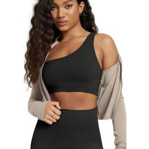 image:imageODODOS Seamless One Shoulder Sports Bra for Women Ribbed Asymmetrical Non Padded Yoga Crop Tank TopsBlack