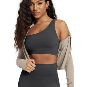 image:imageODODOS Seamless One Shoulder Sports Bra for Women Ribbed Asymmetrical Non Padded Yoga Crop Tank TopsCharcoal