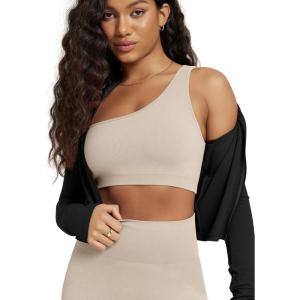 image:imageODODOS Seamless One Shoulder Sports Bra for Women Ribbed Asymmetrical Non Padded Yoga Crop Tank TopsCloud Cream