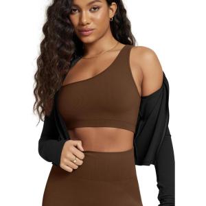 image:imageODODOS Seamless One Shoulder Sports Bra for Women Ribbed Asymmetrical Non Padded Yoga Crop Tank TopsDark Brown