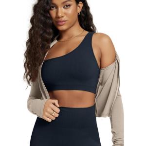 image:imageODODOS Seamless One Shoulder Sports Bra for Women Ribbed Asymmetrical Non Padded Yoga Crop Tank TopsDeep Blue
