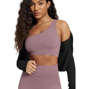 image:imageODODOS Seamless One Shoulder Sports Bra for Women Ribbed Asymmetrical Non Padded Yoga Crop Tank TopsElderberry