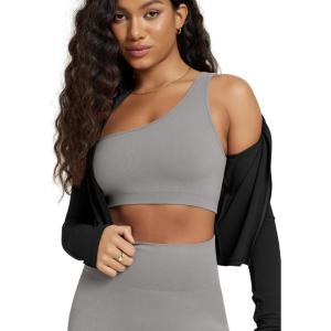 image:imageODODOS Seamless One Shoulder Sports Bra for Women Ribbed Asymmetrical Non Padded Yoga Crop Tank TopsGray