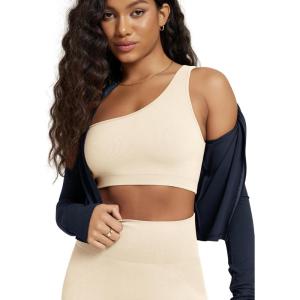 image:imageODODOS Seamless One Shoulder Sports Bra for Women Ribbed Asymmetrical Non Padded Yoga Crop Tank TopsIvory