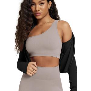 image:imageODODOS Seamless One Shoulder Sports Bra for Women Ribbed Asymmetrical Non Padded Yoga Crop Tank TopsKhaki