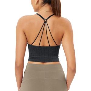 image:imageODODOS Seamless Padded Sports Bra for Women Strappy Longline Wirefree Brami Ribbed Crop Tank TopsBlack