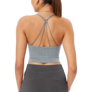 image:imageODODOS Seamless Padded Sports Bra for Women Strappy Longline Wirefree Brami Ribbed Crop Tank TopsBlue Grey