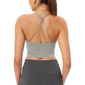 image:imageODODOS Seamless Padded Sports Bra for Women Strappy Longline Wirefree Brami Ribbed Crop Tank TopsGrey