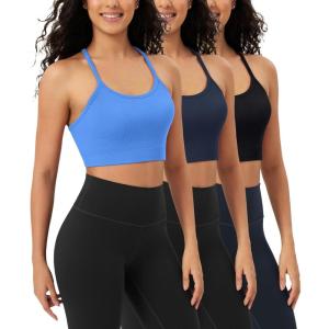 image:imageODODOS Seamless Racerback Sports Bra for Women Ribbed Camisoles Non Padding Yoga Bra Crop Tank TopsBlacknavyblue