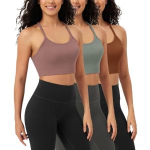 image:imageODODOS Seamless Racerback Sports Bra for Women Ribbed Camisoles Non Padding Yoga Bra Crop Tank TopsClovegreen Milieuclay