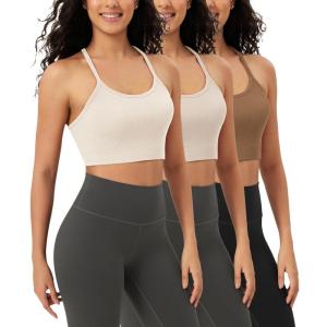 image:imageODODOS Seamless Racerback Sports Bra for Women Ribbed Camisoles Non Padding Yoga Bra Crop Tank TopsIvorystar Whiteermine