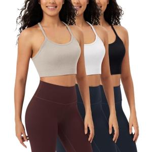 image:imageODODOS Seamless Racerback Sports Bra for Women Ribbed Camisoles Non Padding Yoga Bra Crop Tank TopsMushroomblackwhite