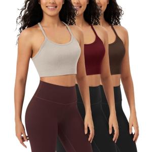 image:imageODODOS Seamless Racerback Sports Bra for Women Ribbed Camisoles Non Padding Yoga Bra Crop Tank TopsMushroomclaretbrunette