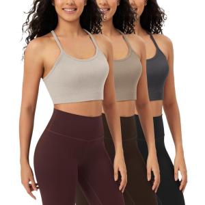 image:imageODODOS Seamless Racerback Sports Bra for Women Ribbed Camisoles Non Padding Yoga Bra Crop Tank TopsMushroomtaupecharcoal