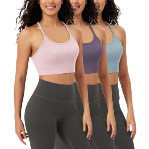 image:imageODODOS Seamless Racerback Sports Bra for Women Ribbed Camisoles Non Padding Yoga Bra Crop Tank TopsPink Lacevioleticeberg