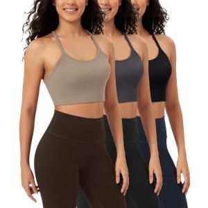 image:imageODODOS Seamless Racerback Sports Bra for Women Ribbed Camisoles Non Padding Yoga Bra Crop Tank TopsTaupeblackcharcoal