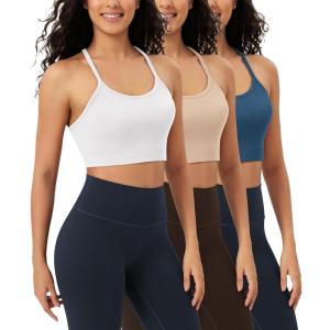 image:imageODODOS Seamless Racerback Sports Bra for Women Ribbed Camisoles Non Padding Yoga Bra Crop Tank TopsWhitebeigeocean