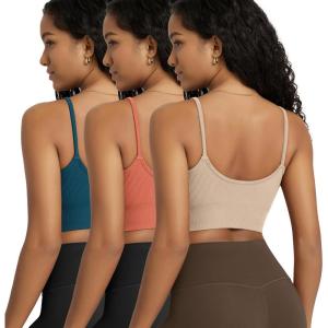 image:imageODODOS Seamless Sports Bra for Women Ribbed Camisoles Non Padding Yoga Bra Crop Tank TopsBeigecoralteal