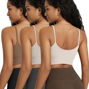 image:imageODODOS Seamless Sports Bra for Women Ribbed Camisoles Non Padding Yoga Bra Crop Tank TopsIvorystar Whiteermine