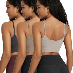 image:imageODODOS Seamless Sports Bra for Women Ribbed Camisoles Non Padding Yoga Bra Crop Tank TopsMushroomtaupecharcoal