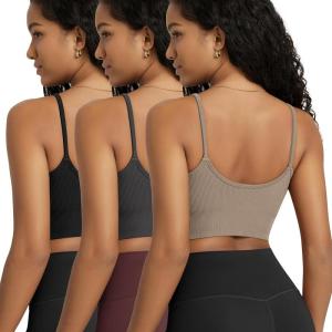image:imageODODOS Seamless Sports Bra for Women Ribbed Camisoles Non Padding Yoga Bra Crop Tank TopsTaupeblackcharcoal