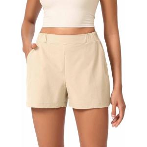 image:imageODODOS Stretch Woven Relaxed Shorts for Women Elastic High Waist Summer Lightweight Casual Shorts with PocketsBeige