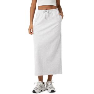 image:imageODODOS Womens Back Split Midi Skirt  Cotton French Terry Drawstring Tie High Waist Casual Long Pencil Skirts with PocketsWhite Heather