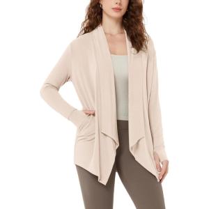 image:imageODODOS Womens Drape Open Front Cardigans Cozy Soft Long Sleeve Casual Wrap Outerwear with Pockets Thumb HoleBeige