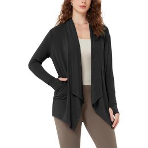 image:imageODODOS Womens Drape Open Front Cardigans Cozy Soft Long Sleeve Casual Wrap Outerwear with Pockets Thumb HoleBlack