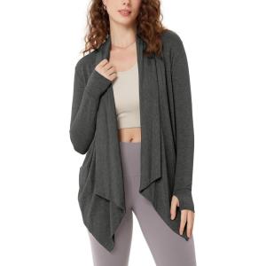 image:imageODODOS Womens Drape Open Front Cardigans Cozy Soft Long Sleeve Casual Wrap Outerwear with Pockets Thumb HoleCharcoal Heather