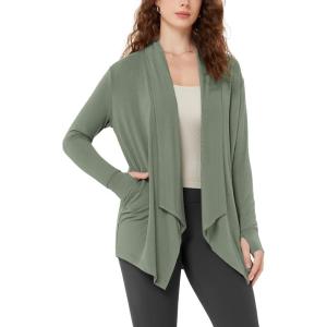 image:imageODODOS Womens Drape Open Front Cardigans Cozy Soft Long Sleeve Casual Wrap Outerwear with Pockets Thumb HoleOil Green