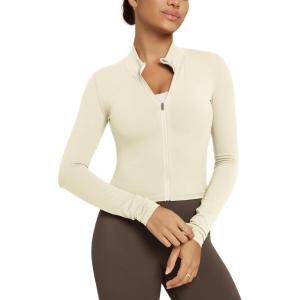 image:imageODODOS Womens FullZip Athletic Jacket Cloud Feeling Soft Long Sleeve SlimFit Running Gym Workout Yoga Cropped TopsOat Milk